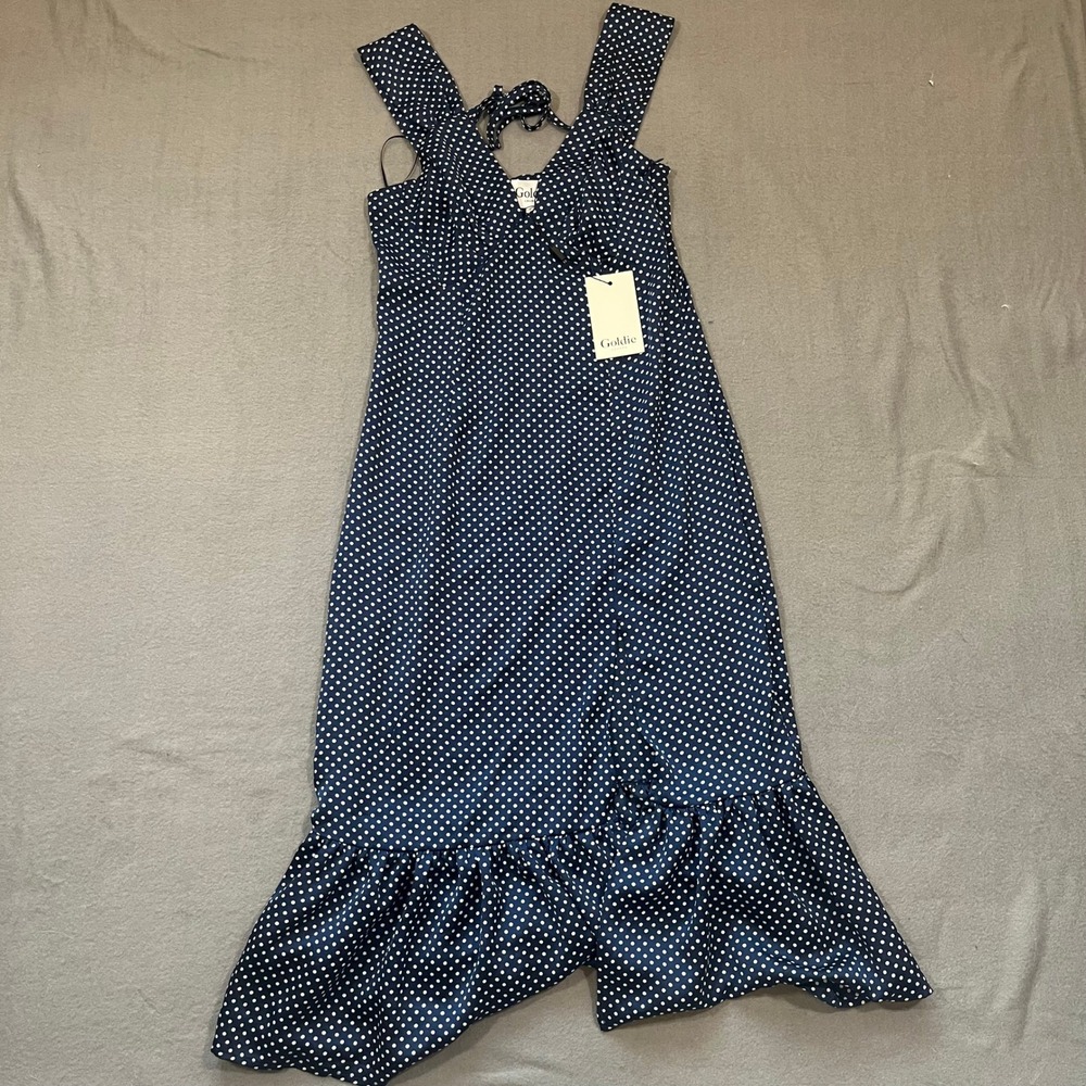 NWT Goldie London Ivory Polka Dot Navy White Midi Dress Size Small Slit V‎ neck